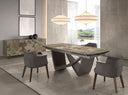 Mesa comedor extensible ovalada barril mármol porcelánico y acero taupé metalizado