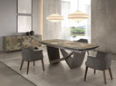 Extendable oval barrel dining table in porcelain marble and metallic taupe steel