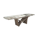 Mesa comedor extensible ovalada barril mármol porcelánico y acero taupé metalizado