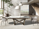 Mesa comedor extensible ovalada barril mármol porcelánico y acero taupé metalizado