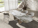 Mesa comedor extensible ovalada barril mármol porcelánico y acero taupé metalizado