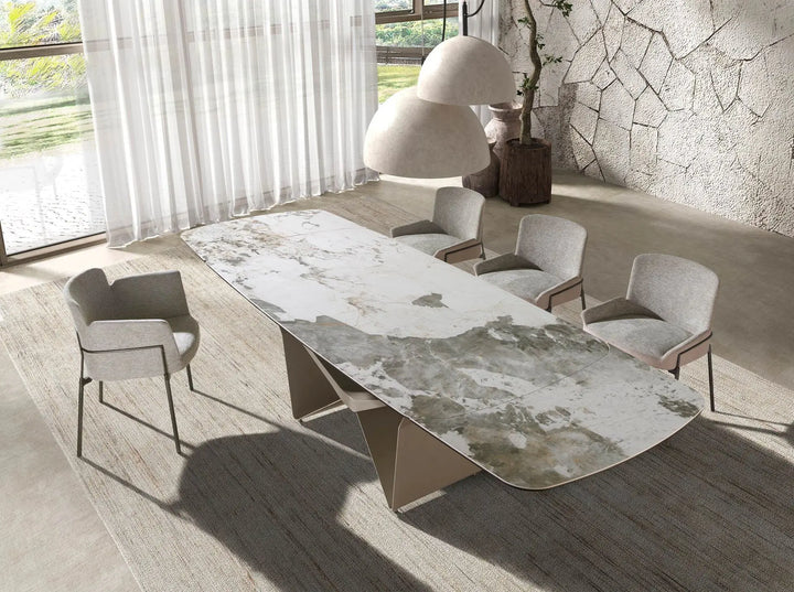 Uitschuifbare ovale tonvormige eettafel in porseleinmarmer en metallic taupe staal