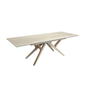 Mesa comedor extensible rectangular mármol porcelánico, acero arena metalizado y nogal