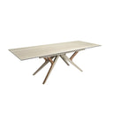 Mesa comedor extensible rectangular mármol porcelánico, acero arena metalizado y nogal