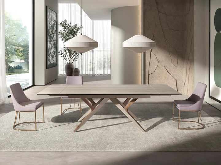 Mesa comedor extensible rectangular mármol porcelánico, acero arena metalizado y nogal