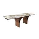 Mesa comedor extensible ovalada barril mármol porcelánico y acero efecto nogal
