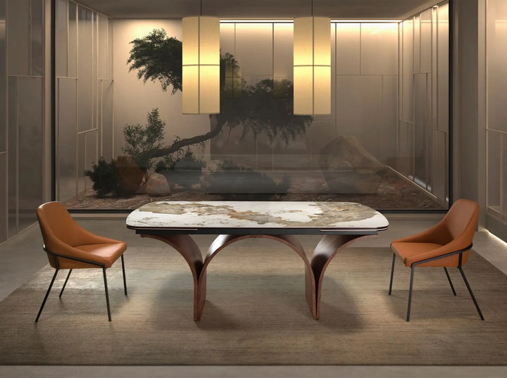 Extendable oval barrel dining table with porcelain marble and walnut-effect steel
