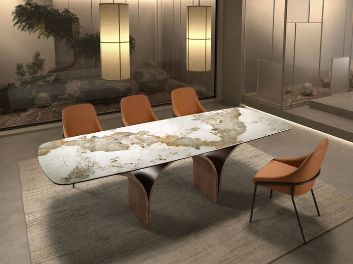 Mesa comedor extensible ovalada barril mármol porcelánico y acero efecto nogal - Mesa de comedor - El Workshop - 180 - 260 x100x76cm