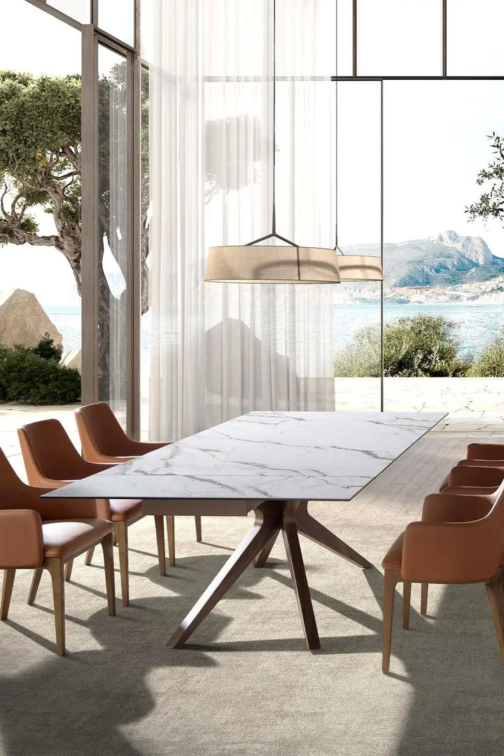 Mesa comedor extensible rectangular mármol porcelánico y nogal