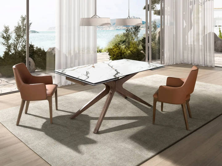 Mesa comedor extensible rectangular mármol porcelánico y nogal - Mesa - El Workshop - blanco