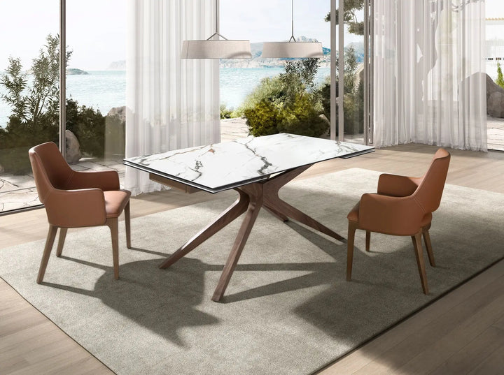 Mesa comedor extensible rectangular mármol porcelánico y nogal