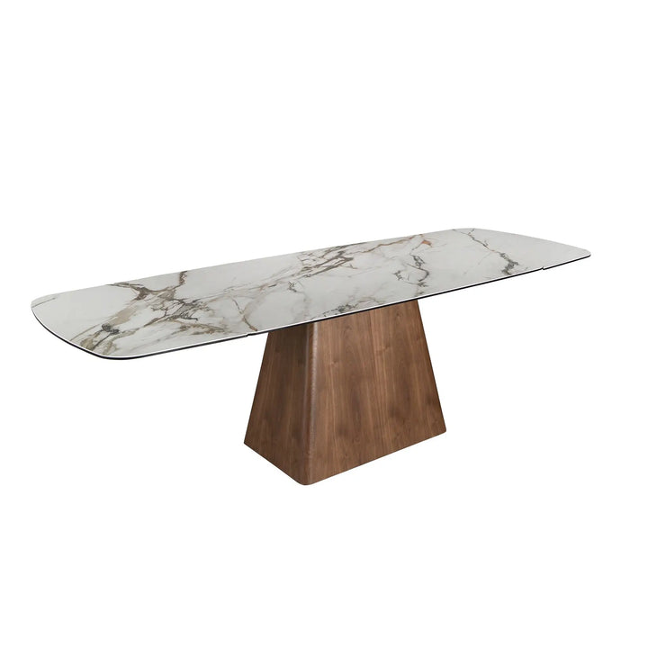 Rectangular extendable dining table in porcelain marble and walnut