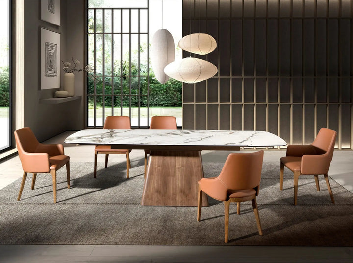 Mesa comedor extensible rectangular mármol porcelánico y nogal