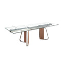 Mesa comedor extensible rectangular cristal templado, nogal y acero cromado