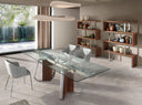 Mesa comedor extensible rectangular cristal templado, nogal y acero cromado
