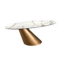 Mesa comedor ovalada mármol porcelánico y acero color bronce