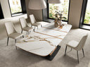 Mesa comedor extensible ovalada barril mármol porcelánico y nogal