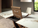 Extendable oval barrel dining table in porcelain marble and walnut