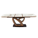 Mesa comedor extensible ovalada barril mármol porcelánico y nogal