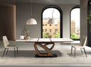 Extendable oval barrel dining table in porcelain marble and walnut