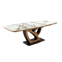 Mesa comedor extensible ovalada barril mármol porcelánico y nogal