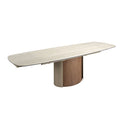 Mesa comedor extensible rectangular mármol porcelánico, acero arena metalizado y nogal