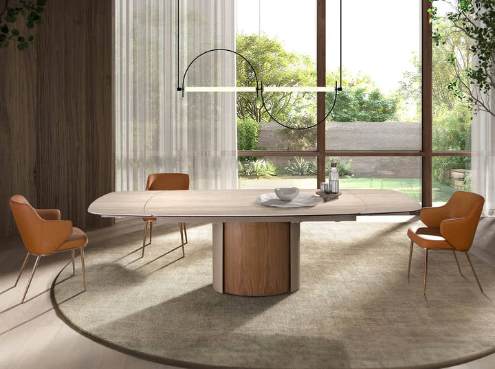 Mesa comedor extensible rectangular mármol porcelánico, acero arena metalizado y nogal - Mesa de comedor - El Workshop - Blanco