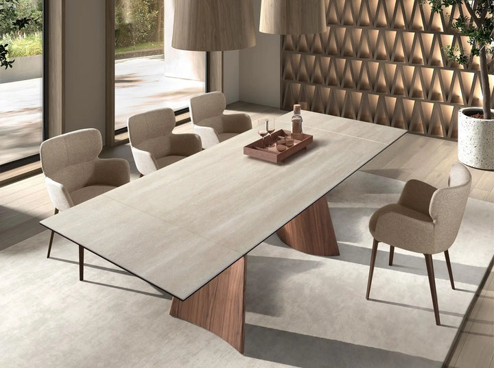 Mesa comedor extensible rectangular mármol porcelánico y acero efecto nogal