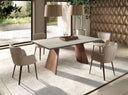 Mesa comedor extensible rectangular mármol porcelánico y acero efecto nogal
