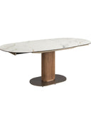 Mesa comedor extensible ovalada barril mármol porcelánico y nogal