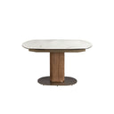Mesa comedor extensible ovalada barril mármol porcelánico y nogal