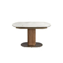 Mesa comedor extensible ovalada barril mármol porcelánico y nogal