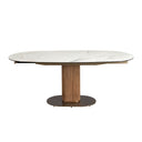 Mesa comedor extensible ovalada barril mármol porcelánico y nogal