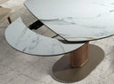 Mesa comedor extensible ovalada barril mármol porcelánico y nogal
