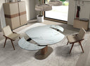 Mesa comedor extensible ovalada barril mármol porcelánico y nogal