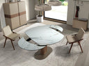 Mesa comedor extensible ovalada barril mármol porcelánico y nogal