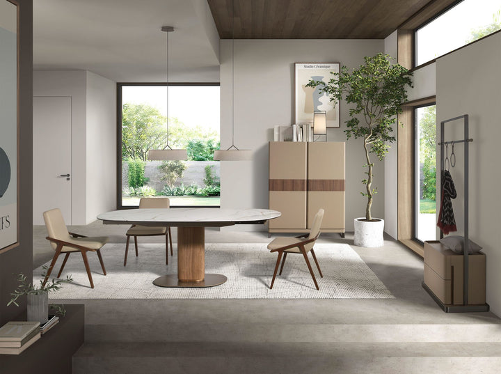 Mesa comedor extensible ovalada barril mármol porcelánico y nogal en ambiente decorado (2)