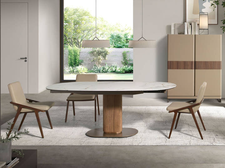 Mesa comedor extensible ovalada barril mármol porcelánico y nogal - Mesa de comedor - El Workshop - nogal