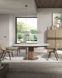 Mesa comedor extensible ovalada barril mármol porcelánico y nogal