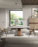 Mesa comedor extensible ovalada barril mármol porcelánico y nogal