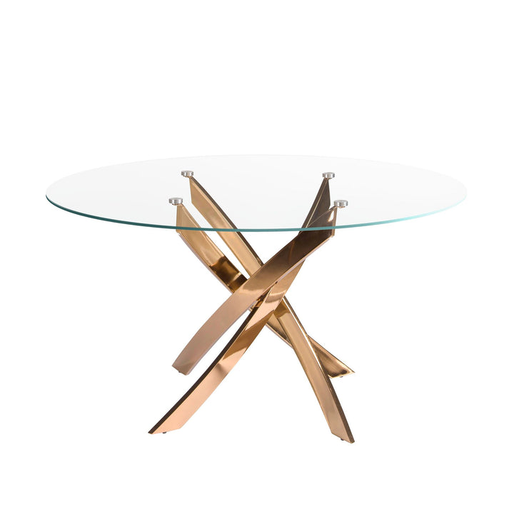 Round dining table with tempered glass and pink steel
