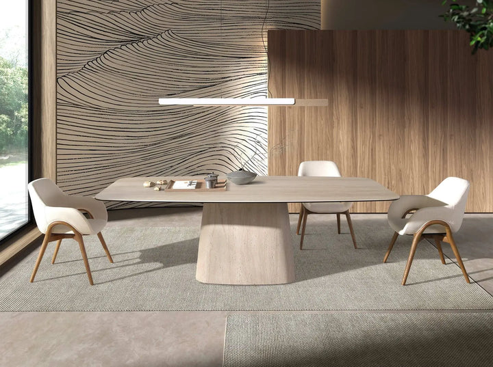 Mesa comedor ovalada barril mármol porcelánico