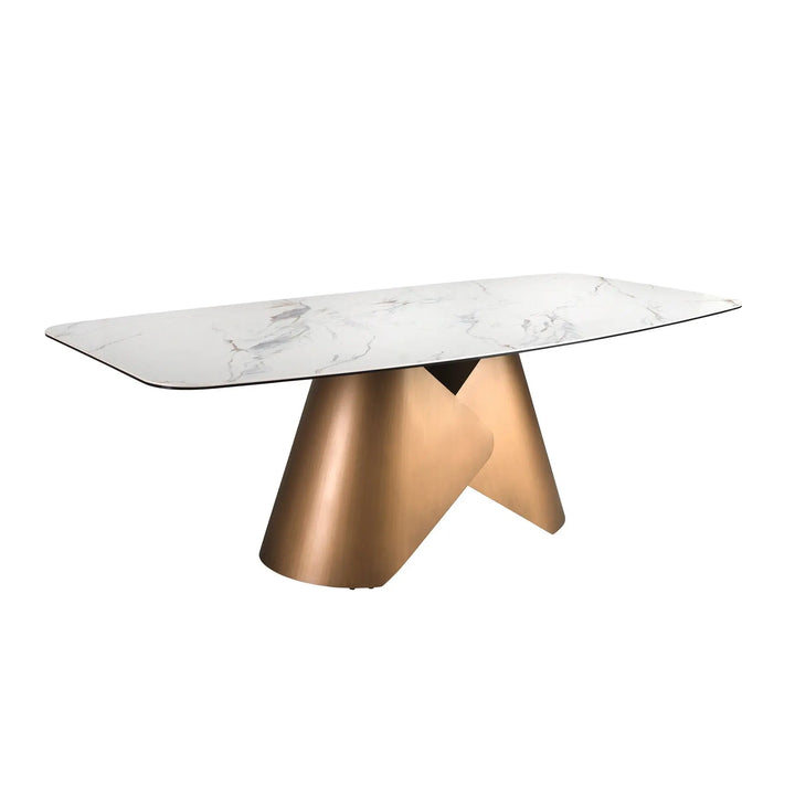 Mesa comedor ovalada barril mármol porcelánico y acero color bronce, foto de producto