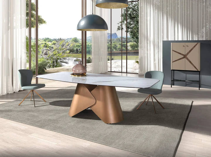 Mesa comedor ovalada barril mármol porcelánico y acero color bronce - Mesa de comedor - El Workshop - Bronce