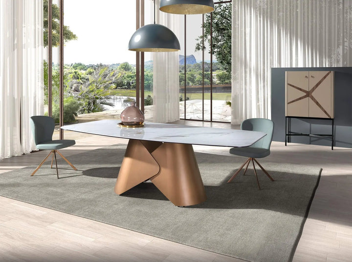 Mesa comedor ovalada barril mármol porcelánico y acero color bronce
