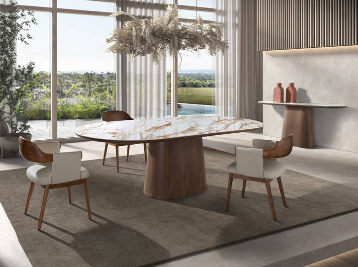 Mesa comedor ovalada medio punto mármol porcelánico y nogal - Mesa de comedor - El Workshop - nogal