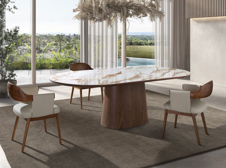 Mesa comedor ovalada medio punto mármol porcelánico y nogal - Mesa de comedor - El Workshop - nogal