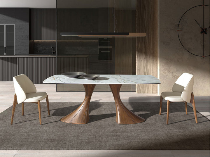 Mesa comedor ovalada barril mármol porcelánico y nogal - Mesa de comedor - El Workshop - nogal
