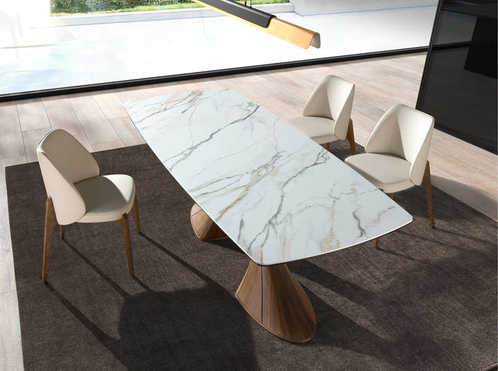 Mesa comedor ovalada barril mármol porcelánico y nogal - Mesa de comedor - El Workshop - nogal