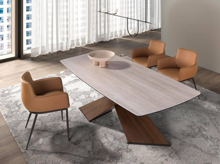 Mesa comedor ovalada barril mármol porcelánico y nogal - Mesa de comedor - El Workshop - nogal
